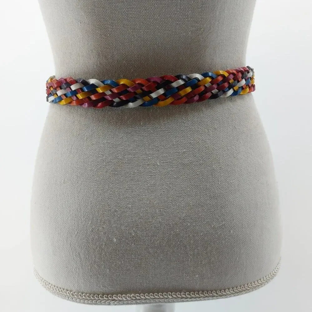 Vintage Women's Braided Woven Weaved Multicolored Genuine Leather Belt Size S
